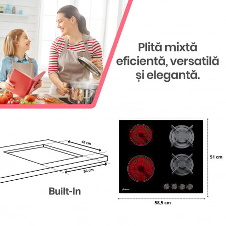 Plita incorporabila STARCREST SEH-HM6042, Mixta, 2 zone gaz, 2 zone vitroceramice, Aprindere electrica, Sticla neagra [1]