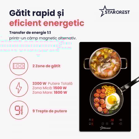 Plita incorporabila STARCREST SIH-3030, Inductie, 3300 W, 2 zone de gatit, 9 trepte de putere, Touch control, Timer, Sticla Neagra [2]