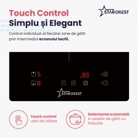 Plita incorporabila STARCREST SIH-3030, Inductie, 3300 W, 2 zone de gatit, 9 trepte de putere, Touch control, Timer, Sticla Neagra [4]