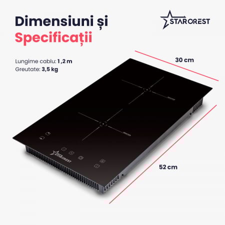 Plita incorporabila STARCREST SIH-3030, Inductie, 3300 W, 2 zone de gatit, 9 trepte de putere, Touch control, Timer, Sticla Neagra [7]