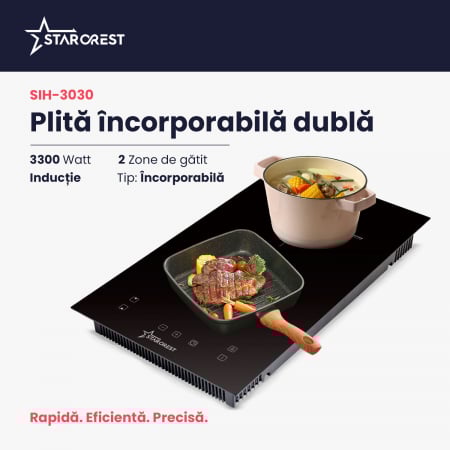 Plita incorporabila STARCREST SIH-3030, Inductie, 3300 W, 2 zone de gatit, 9 trepte de putere, Touch control, Timer, Sticla Neagra [1]