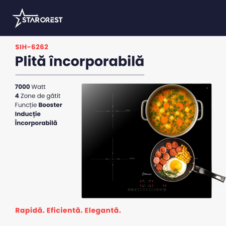 Plita incorporabila STARCREST SIH-6262, Inductie, 4 Zone de gatit, Slider Touch Control, Booster, Functie Keep Warm, Timer, Sticla Neagra Kanger [1]