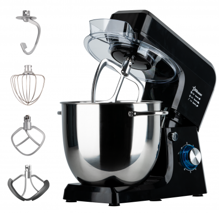 Electrocasnice Mici - Robot de bucatarie profesional STARCREST SKM-2002BK, 2000 W, Bol 10 L Inox, 5 Accesorii, 6 Viteze + Pulse, Angrenaje metalice, Negru