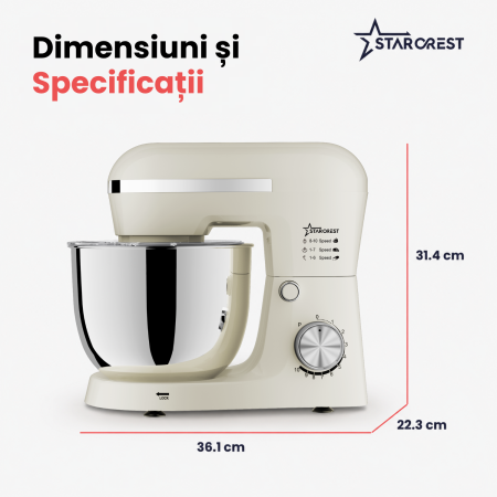 Robot de bucatarie STARCREST SKM-1550CR, 1500 W, Bol 5 L Inox, 4 Accesorii, 10 Viteze + Pulse, Crem [6]
