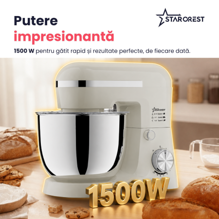 Robot de bucatarie STARCREST SKM-1550CR, 1500 W, Bol 5 L Inox, 4 Accesorii, 10 Viteze + Pulse, Crem [2]