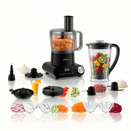 Robot de bucatarie STARCREST SKM1525-10BK, 1500W, Bol 2.5 L, 10 Accesorii, Control digital, Timer, Blender 2 L, Negru [0]