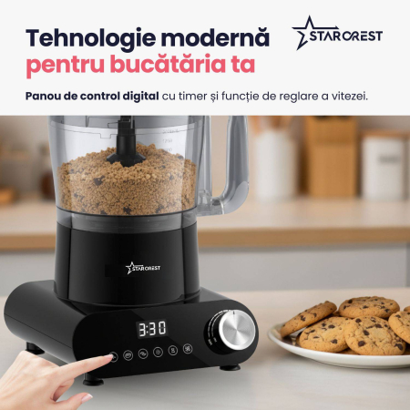 Robot de bucatarie STARCREST SKM1525-10BK, 1500W, Bol 2.5 L, 10 Accesorii, Control digital, Timer, Blender 2 L, Negru [2]
