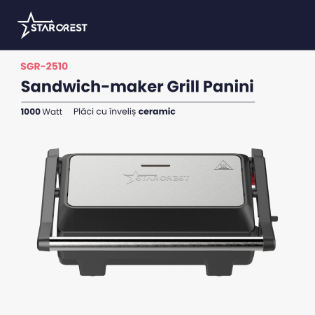 Sandwich-maker Grill Panini STARCREST SGR-2510, 1000 W, Placi Grill Ceramice, Deschidere 180°, Suprafata de gatire 23 x 14.5 cm, Negru/Inox [1]