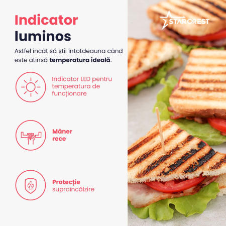 Sandwich-maker Grill Panini STARCREST SGR-2516BX, 1600 W, Placi grill cu invelis ceramic, Temperatura ajustabila, Suprafata de gatire 25.5 x 15.5 cm, Spatula curatare, Negru/Inox [6]