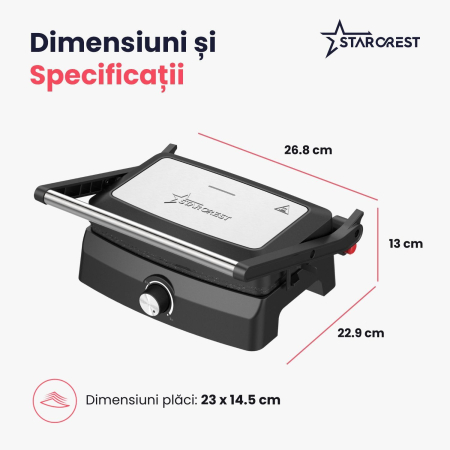 Sandwich-maker Grill Panini STARCREST SGR-2520BX, 1000 W, Placi cu invelis ceramic, Temperatura ajustabila, Deschidere la 180°, Suprafata de gatire 23 x 14.5 cm, Spatula curatare, Negru/Inox [8]