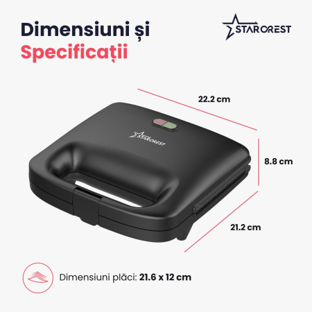 Sandwich-maker STARCREST SSM-2575BK, 750 W, Placi cu invelis ceramic antiaderent,  Dimensiune placi 23 x 14.5 cm, Negru [3]