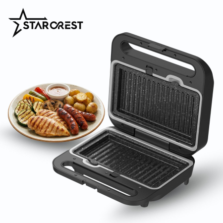 Sandwich maker XL 3 in 1 STARCREST SSM-3110XL, 1000 W, 3 tipuri de placi detasabile cu invelis ceramic: grill / sandwich triunghi / vafe, Dimensiune placi 23 x 13 cm, Negru/Inox [4]