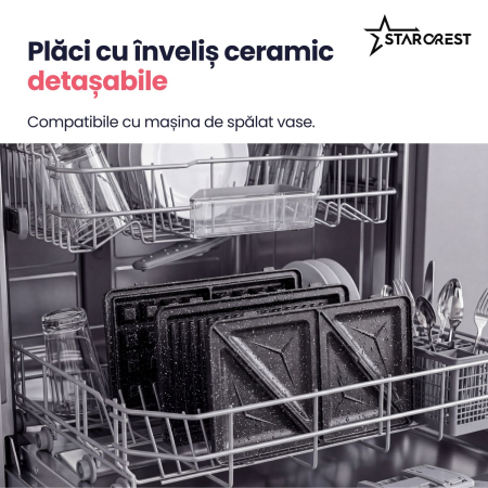 Sandwich maker XL 3 in 1 STARCREST SSM-3110XL, 1000 W, 3 tipuri de placi detasabile cu invelis ceramic: grill / sandwich triunghi / vafe, Dimensiune placi 23 x 13 cm, Negru/Inox [6]