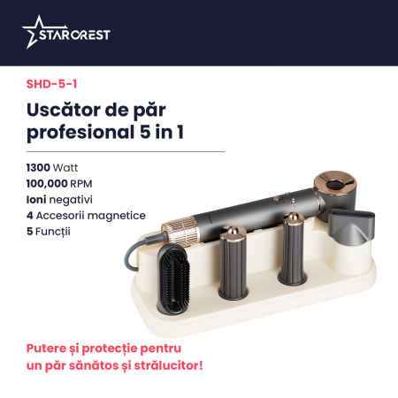 Uscator de par profesional STARCREST SHD-5-1, 1300 W, 4 Accesorii incluse, 3 Trepte de viteza, 3 Trepte de temperatura, Buton de aer rece, Gri [1]