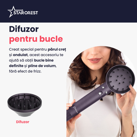 Uscator de par profesional STARCREST SHD-7-1PP, 1300 W, 6 Accesorii incluse, 3 Trepte de viteza, 3 Trepte de temperatura, Buton de aer rece, Mov [7]