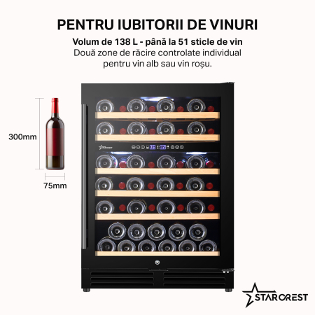 Vitrina de vinuri incorporabila STARCREST SWN-13851DZ , Capacitate 51 sticle, Clasa F, Rafturi din lemn de fag, Control electronic, Display, 2 zone de racire, Iluminat interior LED, H 82 cm, Negru [1]