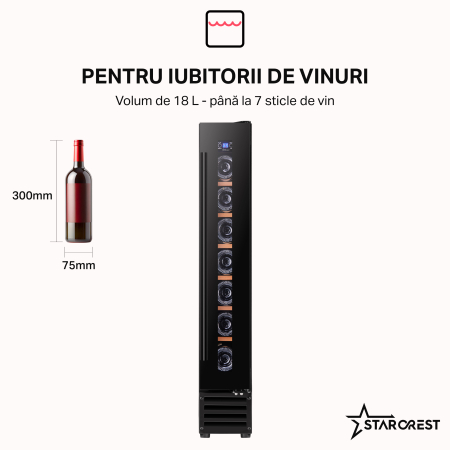 Vitrina de vinuri STARCREST SWN-1807, Capacitate 7 sticle, Clasa F, Rafturi lemn, Control electronic, Display, Iluminat interior LED, H 86.6 cm, Negru [1]
