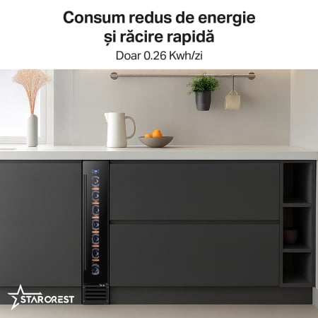 Vitrina de vinuri STARCREST SWN-1807, Capacitate 7 sticle, Clasa F, Rafturi lemn, Control electronic, Display, Iluminat interior LED, H 86.6 cm, Negru [2]