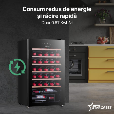 Vitrina de vinuri STARCREST SWN-9301, 93 l, 34 sticle, Control temperatura digital, Rafturi lemn,Usa sticla , H 84.5 cm, Negru [3]