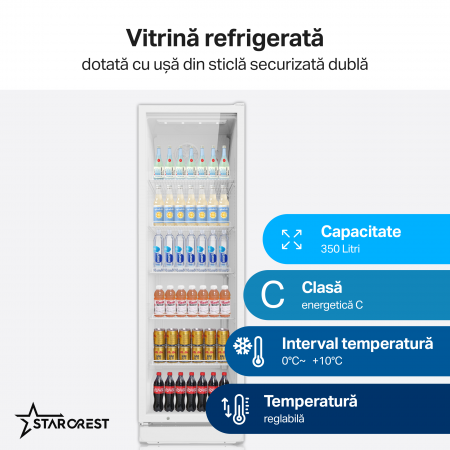 Vitrina frigorifica profesionala STARCREST SPS-351WH, 350 L, Termostat reglabil, Iluminare LED, H 194.5 cm, Alb [1]