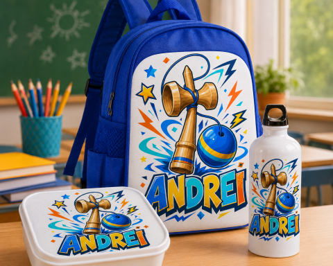 Ghiozdane Personalizate - Set “Prima zi de gradinita” -ghiozdan, sticla de apa si lunchbox - Kendama