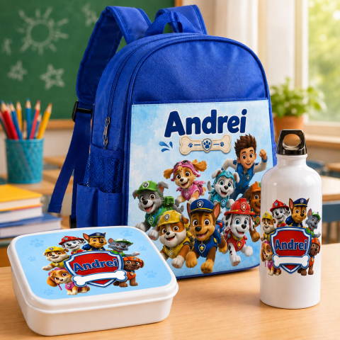 Ghiozdane Personalizate - Set “Prima zi de gradinita” - ghiozdan, sticla de apa si lunchbox