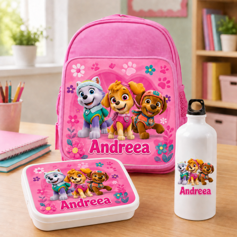 Ghiozdane Personalizate - Set “Prima zi de gradinita” -ghiozdan, sticla de apa si lunchbox - Patrula Catelusilor