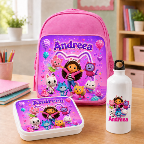 Ghiozdane Personalizate - Set “Prima zi de gradinita” -ghiozdan, sticla de apa si lunchbox - Gabby's Dollhouse