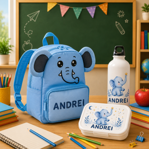 Ghiozdane Personalizate - Set “Prima zi de gradinita” - ghiozdan, sticla de apa si lunchbox