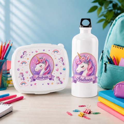 Lunch Box - Set “Prima zi de gradinita” - sticla de apa si lunchbox cu unicorni