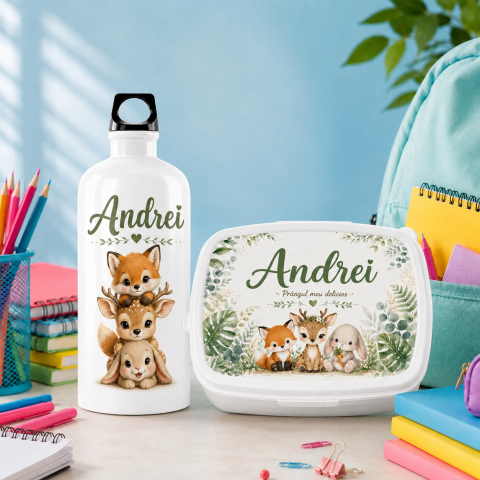Lunch Box - Set “Prima zi de gradinita” - sticla de apa si lunchbox cu animale