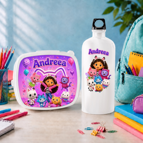 Lunch Box Personalizate - Set “Prima zi de gradinita” - sticla de apa si lunchbox - Gabby's Dollhouse