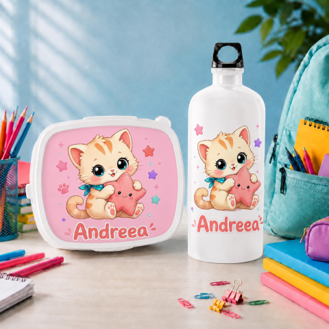 Seturi Copii - Set “Prima zi de gradinita” - sticla de apa si lunchbox pisica