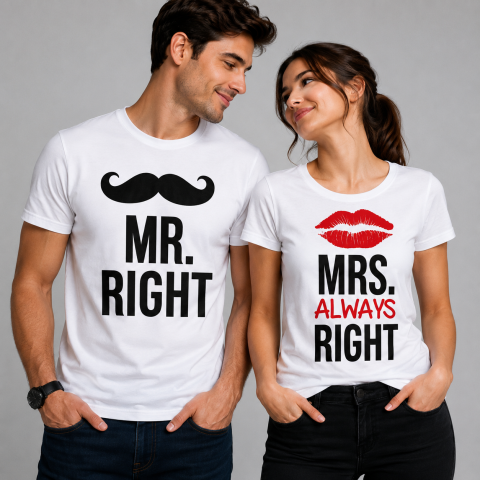 Tricouri Personalizate pentru ea - Set Tricouri Cuplu „Mr. Right & Mrs. Always Right”
