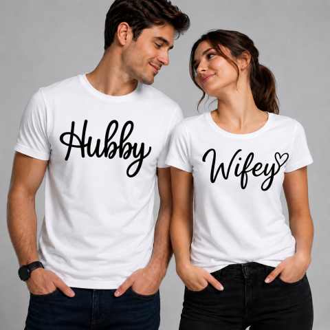 Tricouri Personalizate pentru ea - Set Tricouri Cuplu „Hubby & Wifey”