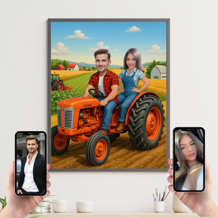 Tablouri Cartoon pentru Cupluri - Tablou personalizat Cartoon Cuplu pe Tractor