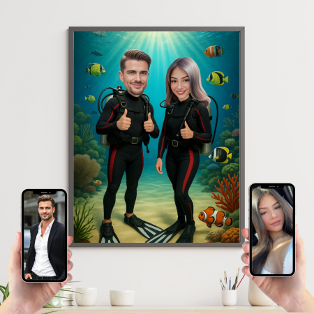 Tablouri Cartoon pentru Cupluri - Tablou personalizat Cartoon Cuplu Scufundari