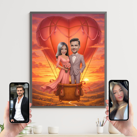 Tablouri personalizate pentru Valentine's Day - Tablou Personalizat Cartoon Cuplu in Balonul Iubirii