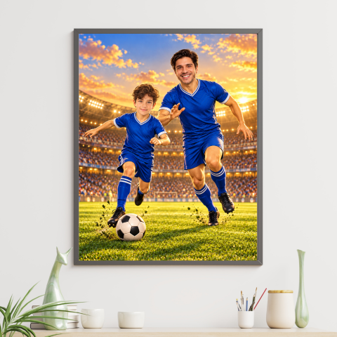 Tablouri Cartoon de Familie - Tablou Personalizat Cartoon Fotbal Tata-Fiu