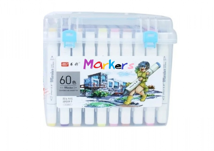 Set 60 Markere Profesionale cu 2 Capete, Cutie Transparenta Depozitare [2]