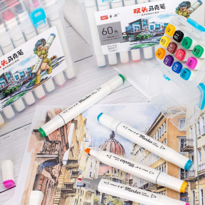 Set 60 Markere Profesionale cu 2 Capete, Cutie Transparenta Depozitare [8]