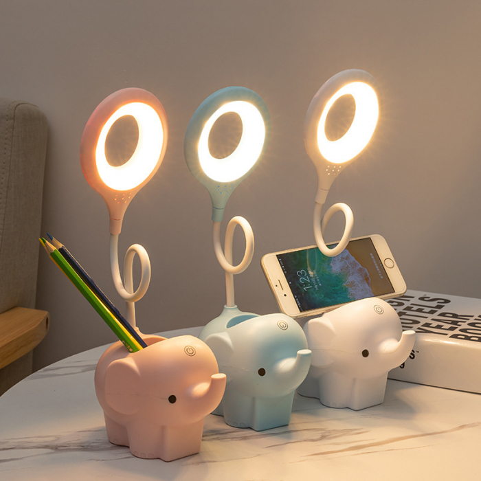 Veioza LED Elefant, Flexibila, Reincarcabila, senzor tactil, 3 nivele luminozitate, cu suport de pixuri si telefon, pentru copii, USB,  Alba [3]