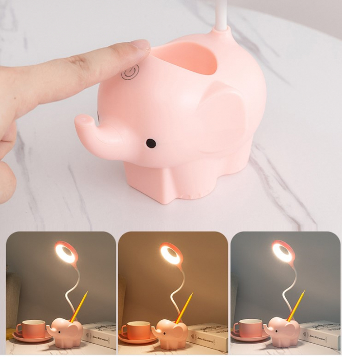 Veioza LED Elefant, Flexibila, Reincarcabila, senzor tactil, 3 nivele luminozitate, cu suport de pixuri si telefon, pentru copii, USB, Albastra [3]