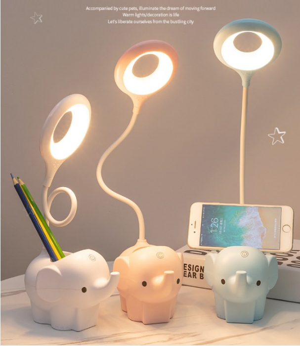 Veioza LED Elefant, Flexibila, Reincarcabila, senzor tactil, 3 nivele luminozitate, cu suport de pixuri si telefon, pentru copii, USB, Albastra [9]