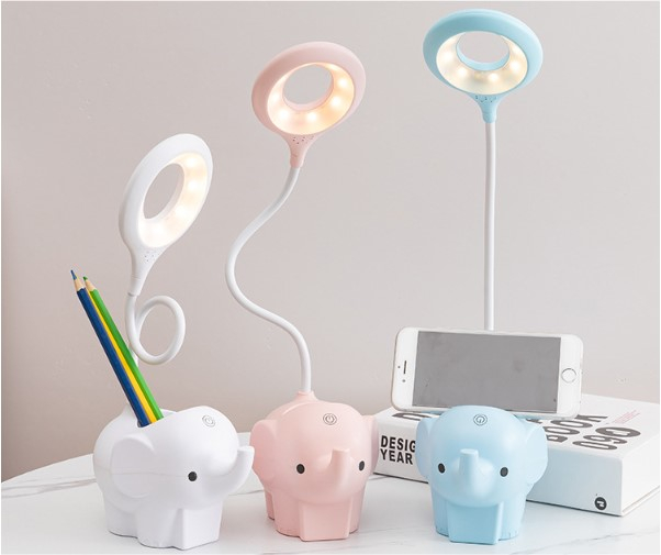 Veioza LED Elefant, Flexibila, Reincarcabila, senzor tactil, 3 nivele luminozitate, cu suport de pixuri si telefon, pentru copii, USB, Albastra [5]