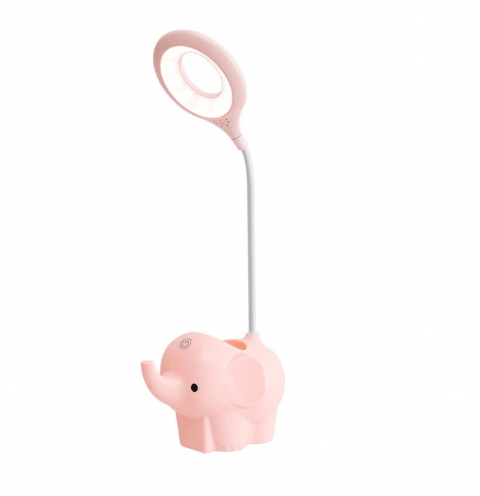 Veioza LED Elefant Copii, Flexibila, Reincarcabila, senzor tactil, 3 nivele luminozitate, cu suport de pixuri si telefon, pentru copii, USB, Roz [8]
