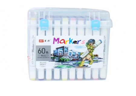 Set 60 Markere Profesionale cu 2 Capete, Cutie Transparenta Depozitare [1]