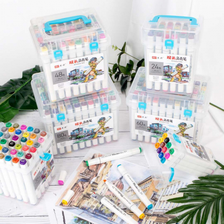 Set 60 Markere Profesionale cu 2 Capete, Cutie Transparenta Depozitare [6]