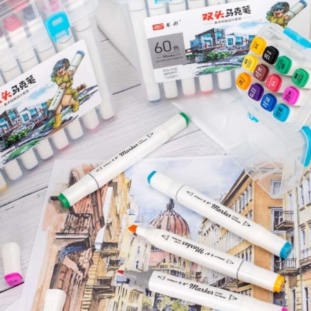 Set 60 Markere Profesionale cu 2 Capete, Cutie Transparenta Depozitare [7]