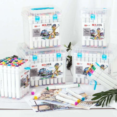 Set 60 Markere Profesionale cu 2 Capete, Cutie Transparenta Depozitare [4]